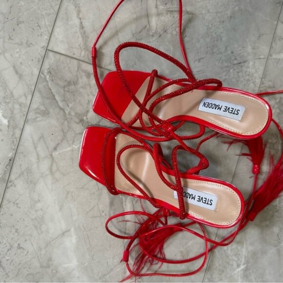 Steve Madden Red Lace-Up Heels w/ Feather Detail | Size 6 ❤️ - Picture 1 of 6
